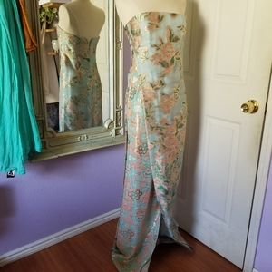 Tory Burch Pink & Blue Brocade Mix Print Gown